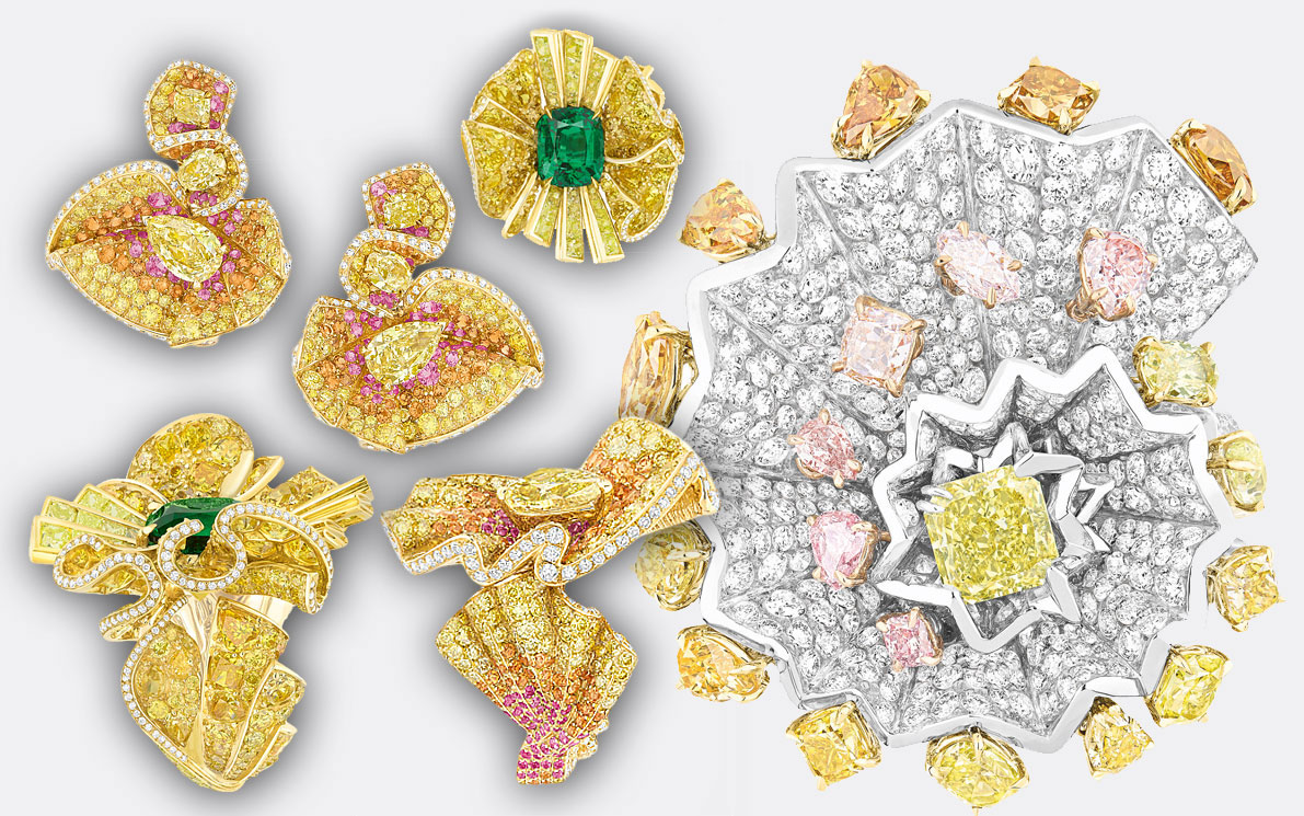 Archi Dior Yellow Gold, Yellow and Pink Diamonds and Emerald jewellery