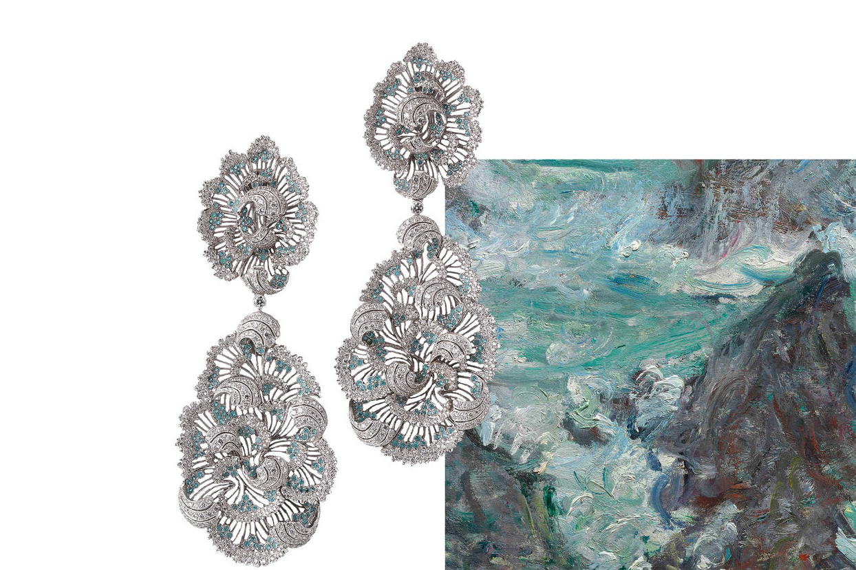Buccellati pendant earrings in 18k white gold with 1,066 round brilliant-cut diamonds and 354 Paraiba tourmalines 