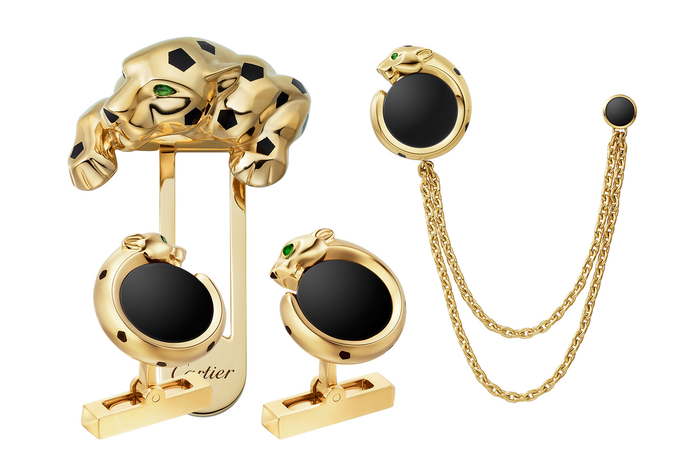 Cartier Panthère de Cartier cufflinks and men's accessories with onyx and emerald in 18k yellow gold