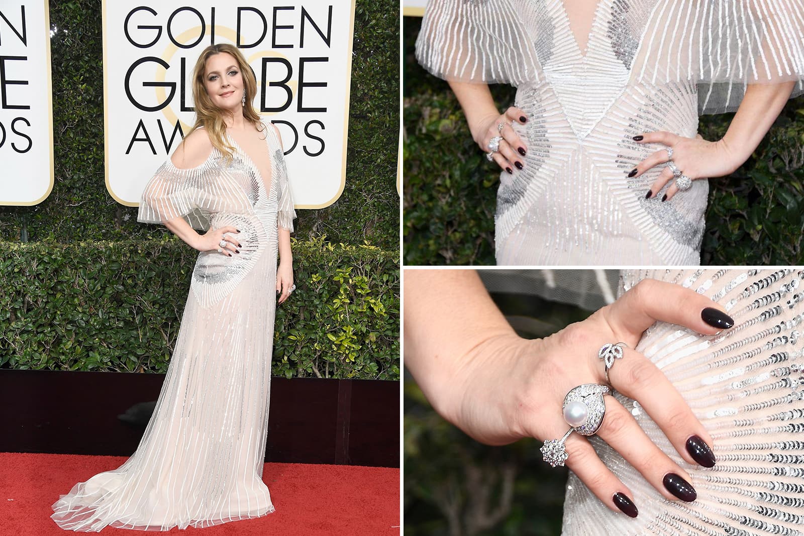 Drew Barrymore at the 2017 Golden Globe Awards with a dizzying array of cocktail rings