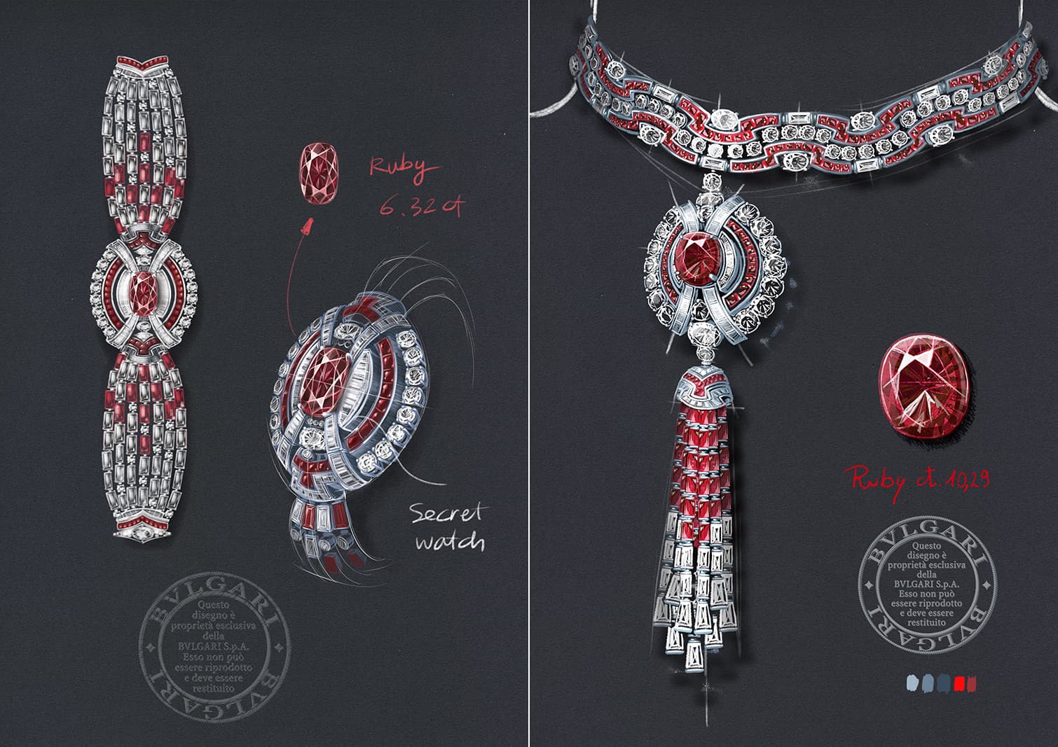 Drawings of new creations in the Bulgari MAGNIFICA High Jewellery collection, including the Ruby Metamorphosis secret watch (left) 