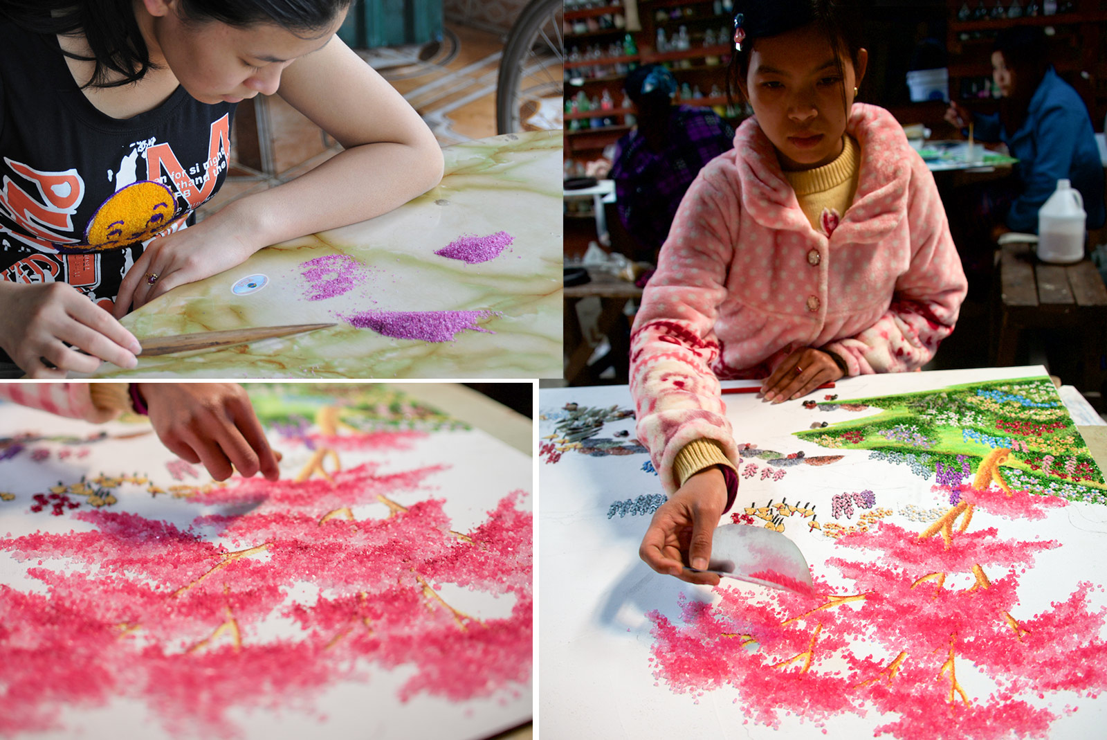 Using pink gemstones, a gem painter creates a beautiful pink tree by depositing crushed gemstones on a canvas