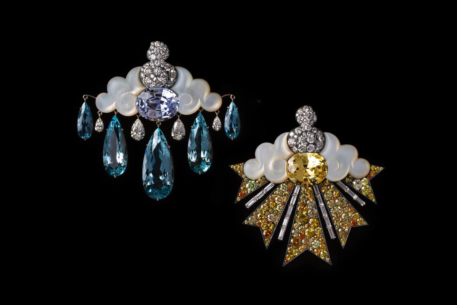 Rain or Shine earrings by David Michael with unheated blue and yellow sapphires 