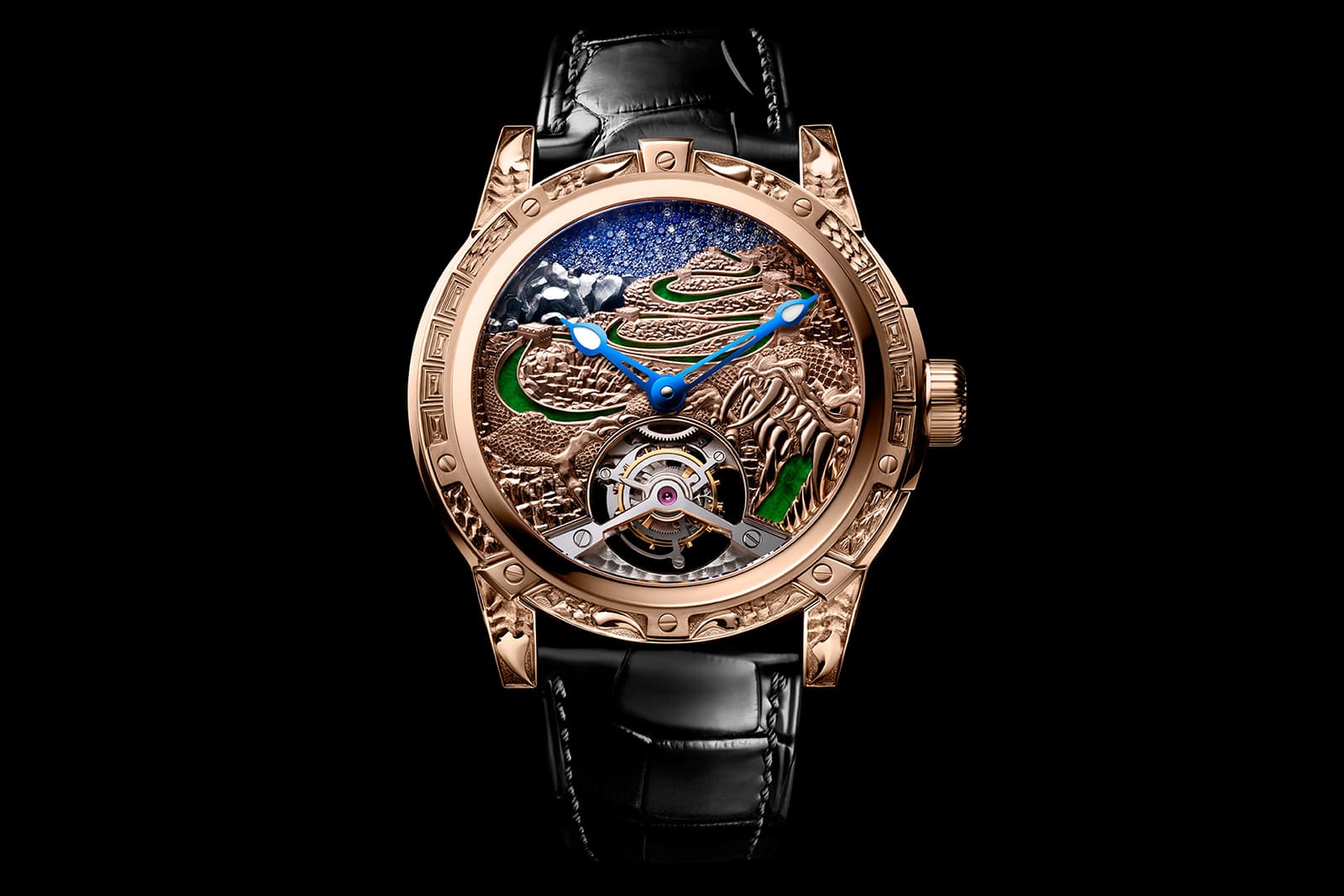 Louis Moinet 8 Marvels of the World watch inspired by the Great Wall of China, featuring a hand-engraved dragon, sapphires, diamonds and 18k white and rose gold