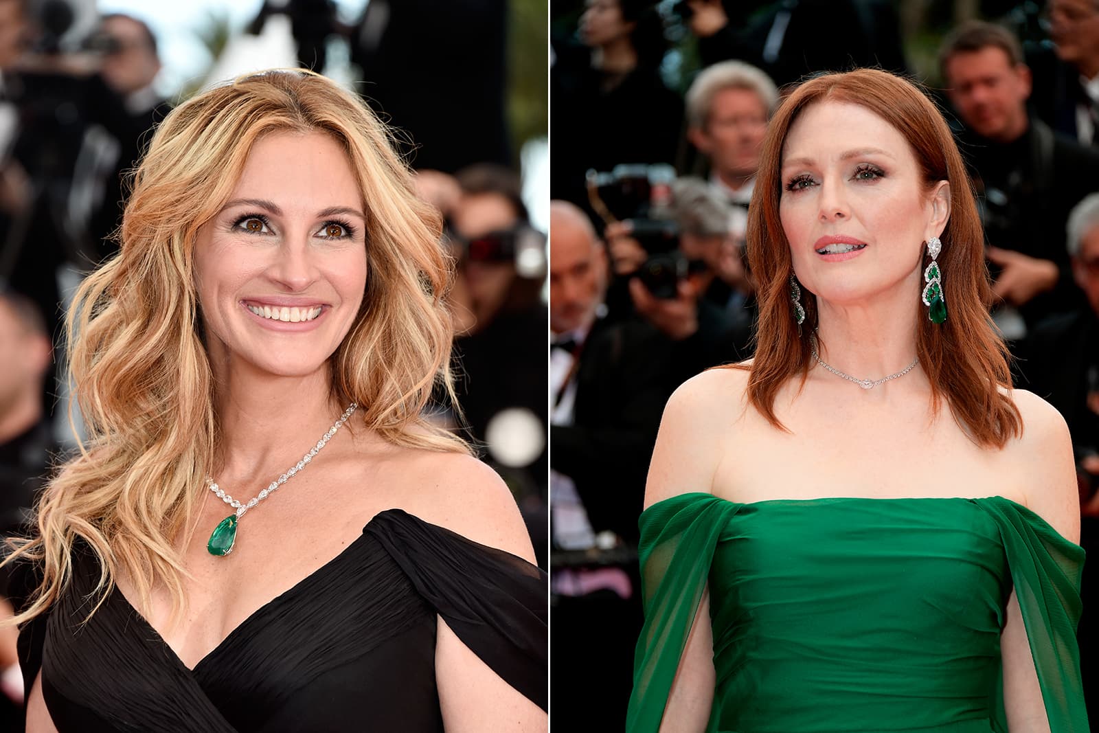Julia Roberts and Julianne Moore wearing extravagant high jewels on the red carpet at the Cannes Film Festival
