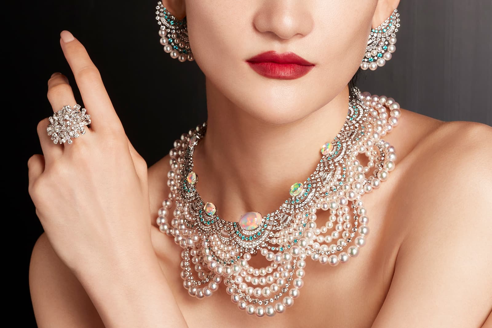 Mikimoto 'The Japanese Sense of Beauty' High Jewellery Collection necklace and matching earrings in 18k white gold with Akoya cultured pearls, opals, tourmaline, mother of pearl and diamonds