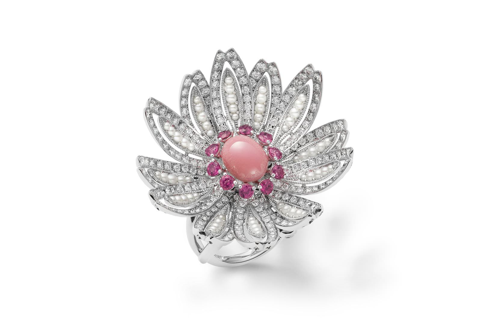 Mikimoto 'The Japanese Sense of Beauty' High Jewellery Collection Chrysanthemum brooch in 18k white gold and platinum with a natural conch pearl, Akoya keshi pearls, tourmaline, ruby and diamonds