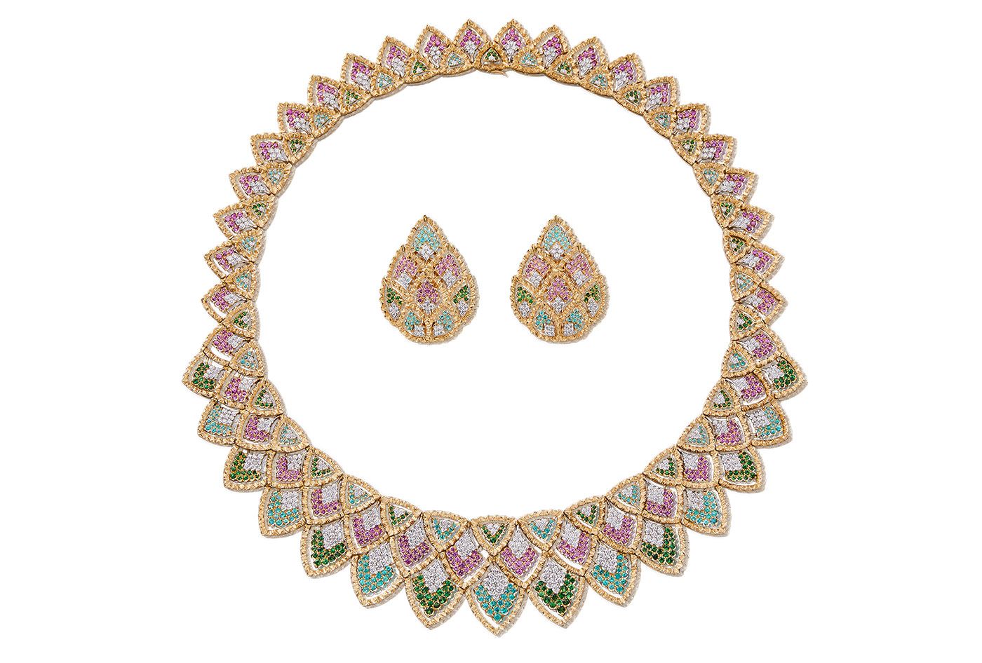Buccellati Sadar necklace and matching earrings with diamonds, tourmalines, tsavorite garnets and sapphires from the Il Giardino di Buccellati High Jewellery collection