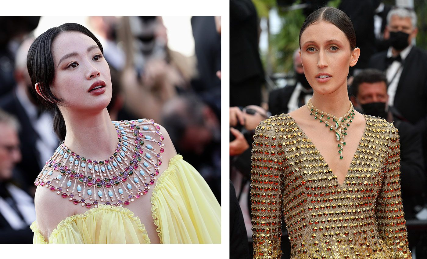 Actresses Li Meng and Anna Cleveland wore High Jewellery necklaces from the Bulgari Cinemagia and Serpenti collections to the Cannes Film Festival 2021