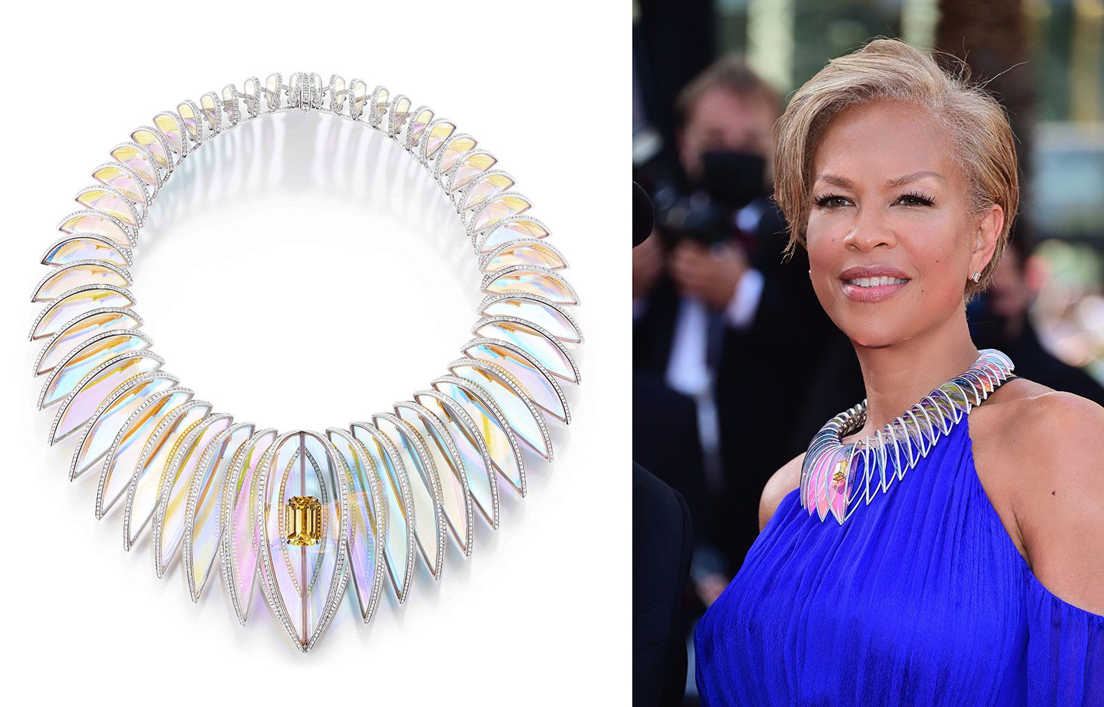 American film producer, Tonya Lewis Lee, wore the Boucheron Holographique High Jewellery necklace, set with a 20.21 carat yellow sapphire, holographic rock crystal and diamonds to the Cannes Film Festival 2021