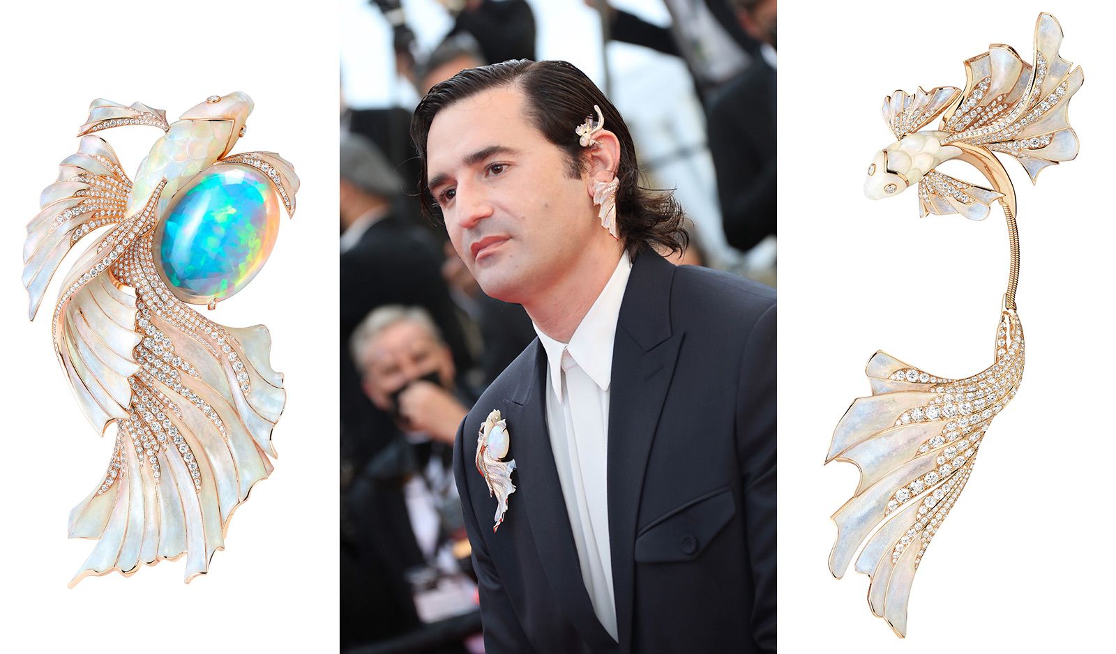 Nicolas Maury impressed with the Boucheron Opalescence brooch, set with a 71.69 carat oval cabochon white opal from Ethiopia, and the Opalescence pendant earring set with opals and diamonds from the Carte Blanche, Holographique High Jewelry collection