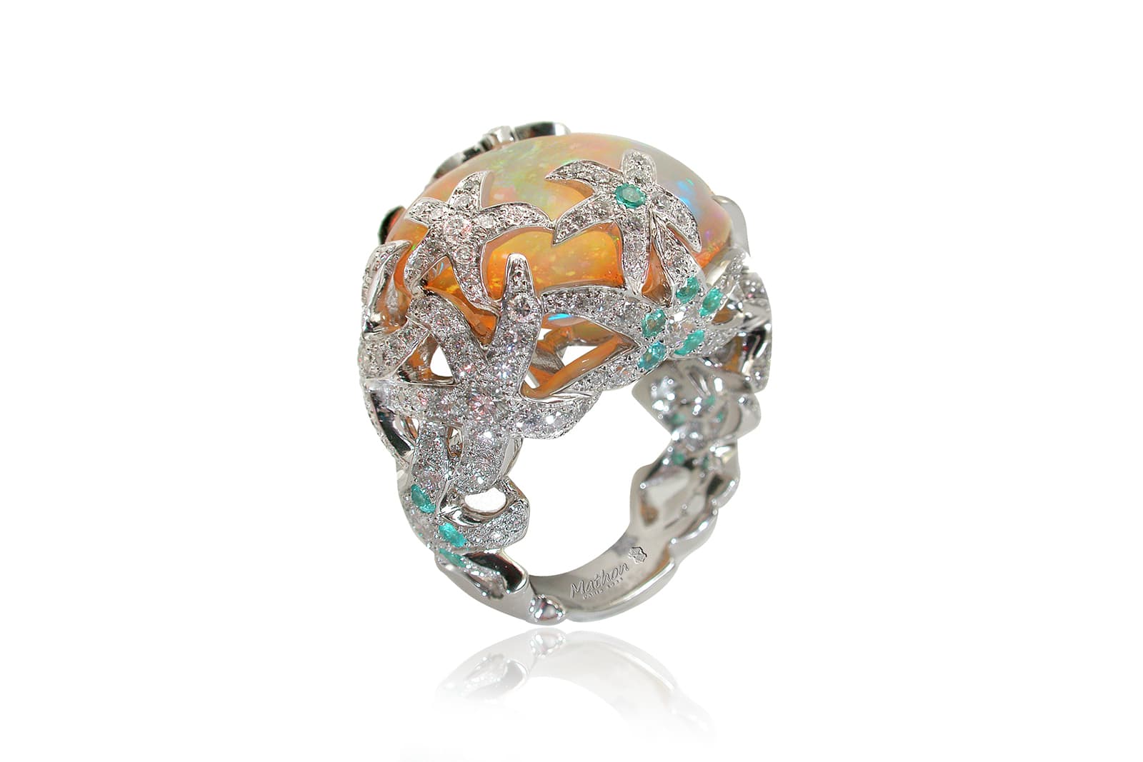 MATHON Paris Océane ring in white gold with an 11.95 carat Wollo opal, diamonds and Paraiba tourmaline 