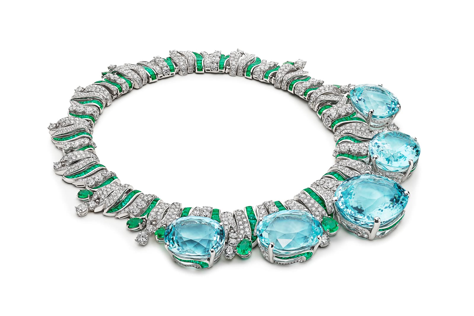 Bulgari Magnifica Mediterranean Queen High Jewellery necklace with five cushion-cut Paraiba tourmalines of 473.82 carats, buff-top emeralds and diamonds