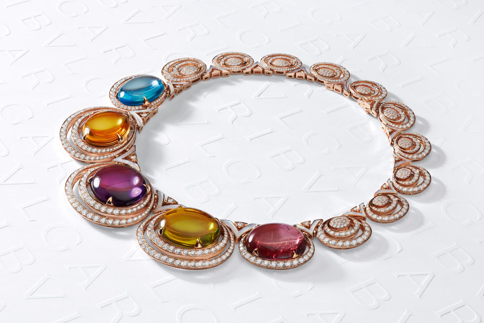 Bulgari Magnifica Colour Ripple High Jewellery necklace with 249.66 carats of oval-shaped blue topaz, citrine, amethyst, rubellite and tourmaline with diamonds