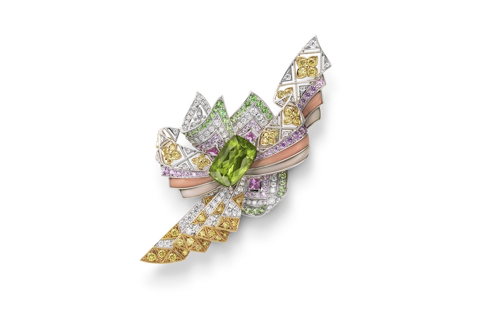 Mikimoto ‘The Japanese Sense of Beauty’ High Jewellery Collection brooch with a cushion-cut peridot, surrounded by sapphire, garnet, diamond and coral