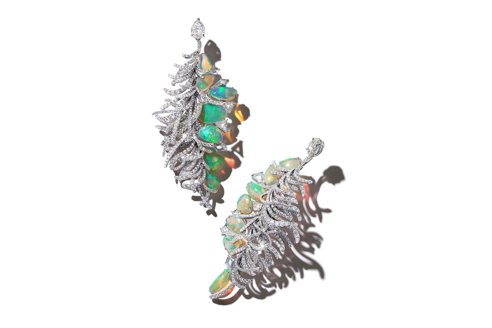 Feng J Flying Leaf earrings with irregular shaped opals and diamonds