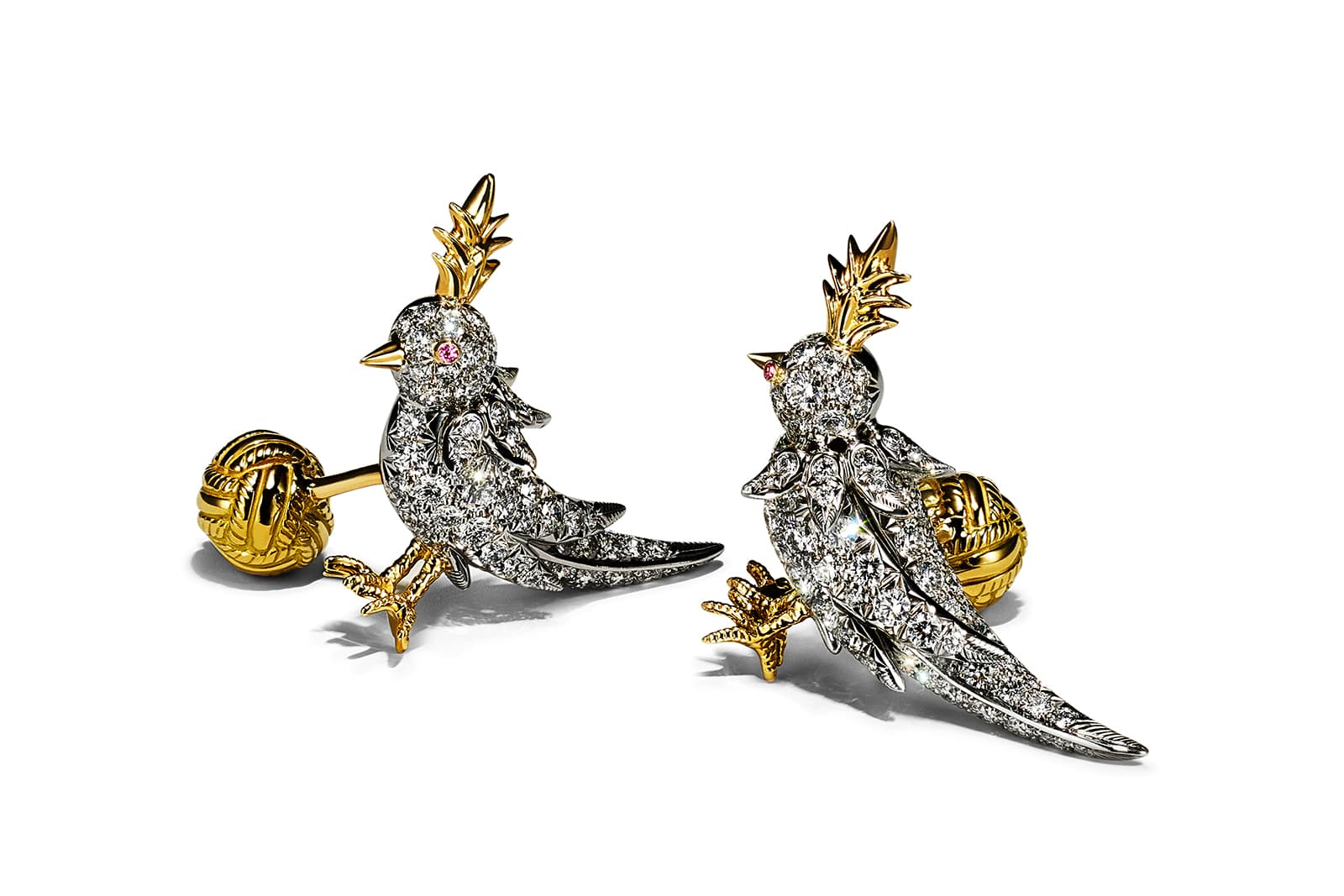 Custom designed Tiffany & Co. Schlumberger® Bird cuff links in platinum and 18k yellow gold with diamonds, due to launch in 2022 
