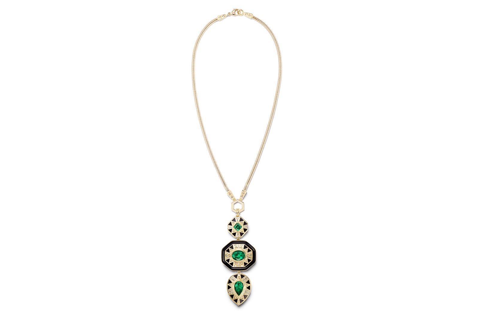 Harwell Godfrey Cleopatra’s Vault Pendant and Snake Foundation chain set with Muzo emeralds, black and white onyx and white diamonds in 18k yellow gold 