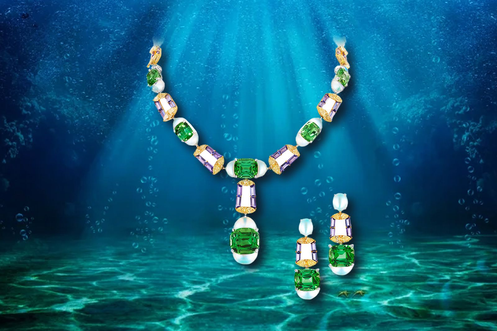 Boghossian Kissing Collection Coral Reef matching necklace and earrings suite with green tourmaline, moonstones, tanzanite and yellow diamonds