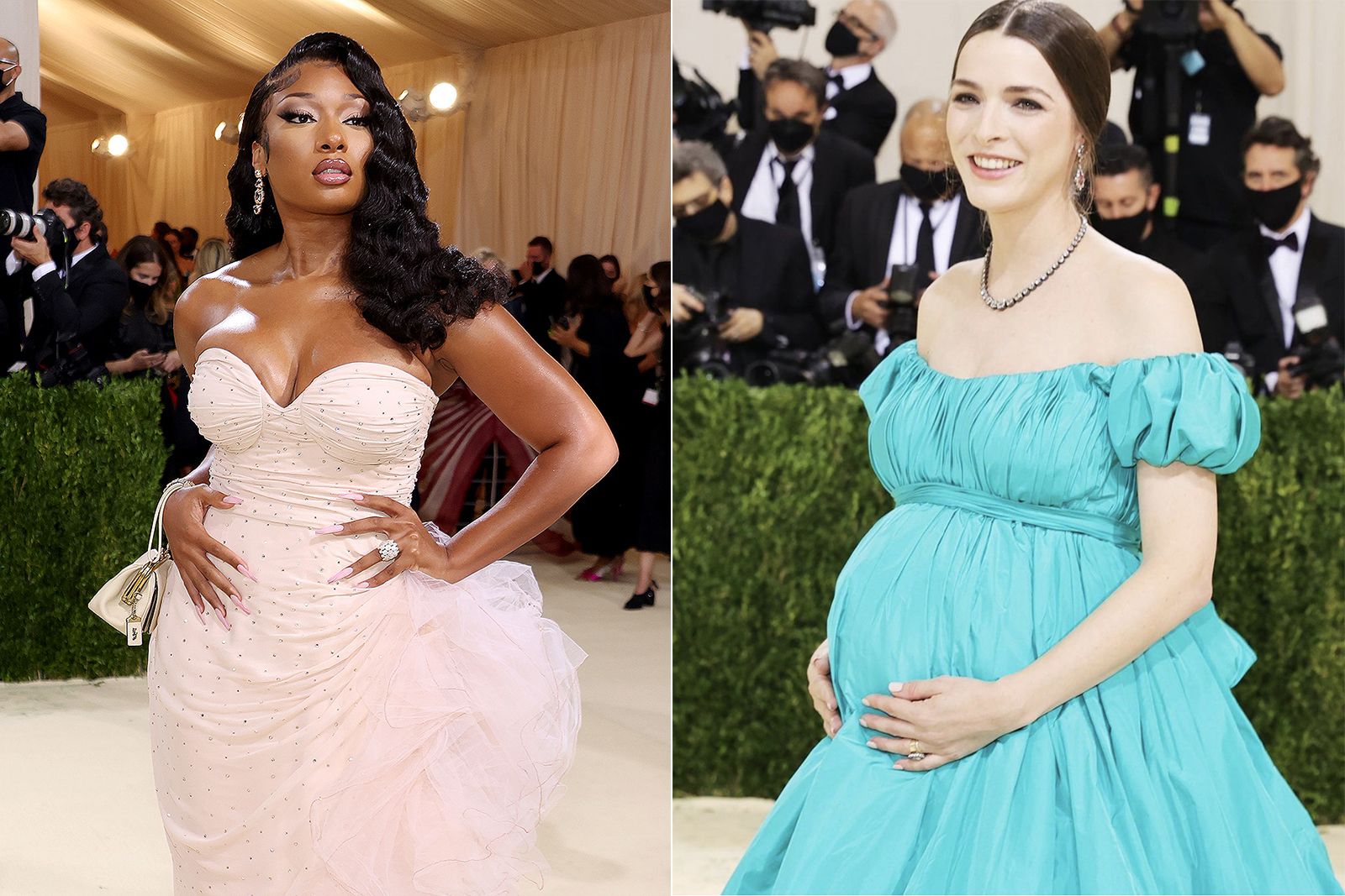 At the Met Gala 2021 from left to right: Rapper Megan Thee Stallion in earrings by Hanut Singh, and Bee Carrozzini in an antique cushion-cut rock crystal necklace from A La Vieille Russie 