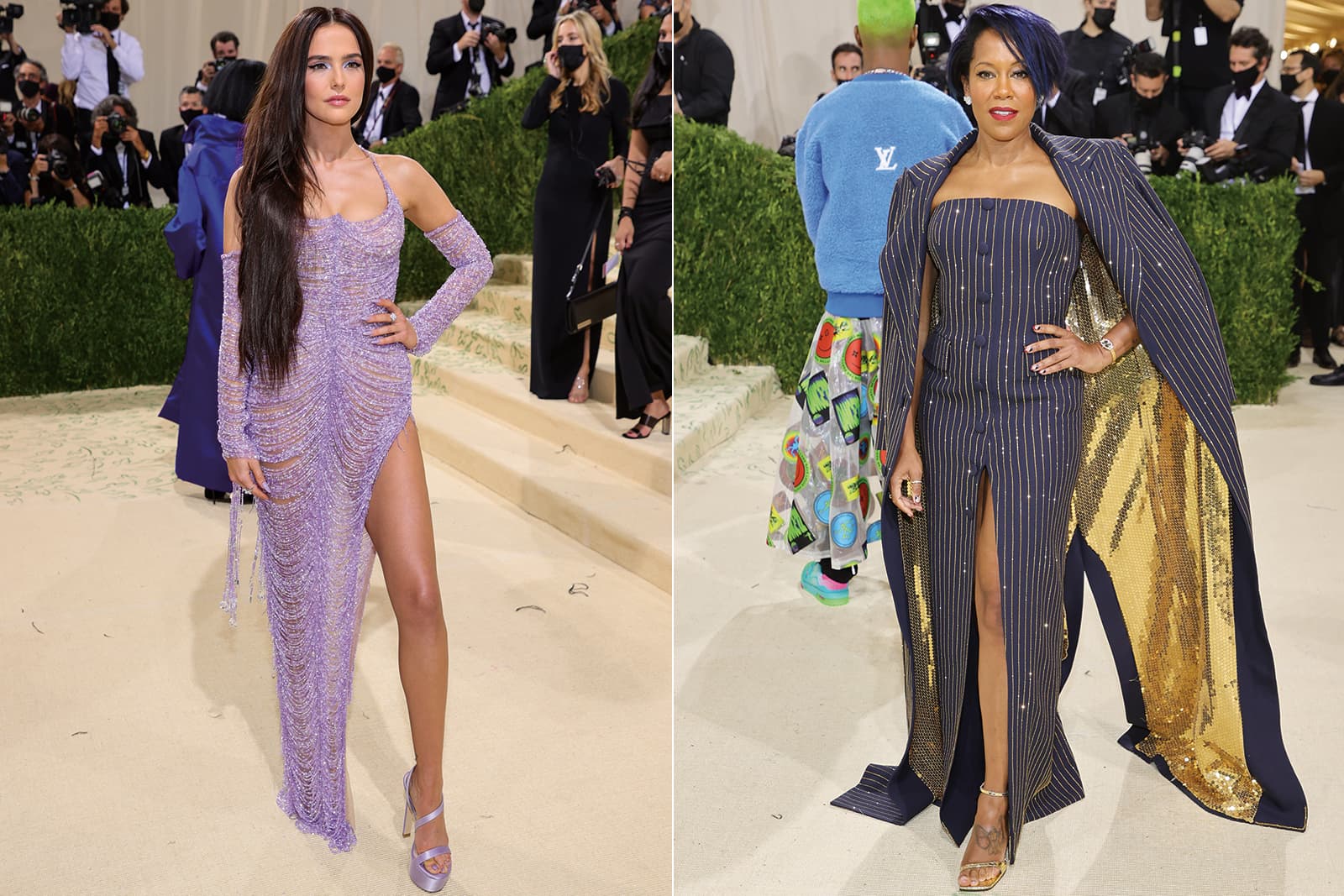 At the Met Gala 2021 from left to right: Zoey Deutch wearing a pair of Harry Winston Diamond Link earrings and Regina King in Harry Winston diamonds and an Emerald timepiece