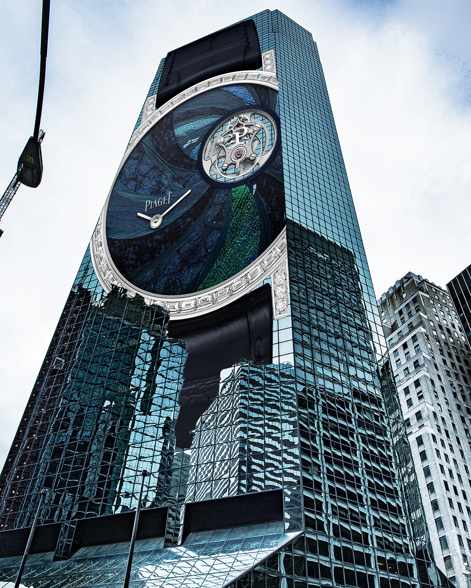A Piaget timepiece transforms the facia of this skyscraper in a new ‘archellery’ photo artwork by Veronica Morales Angulo