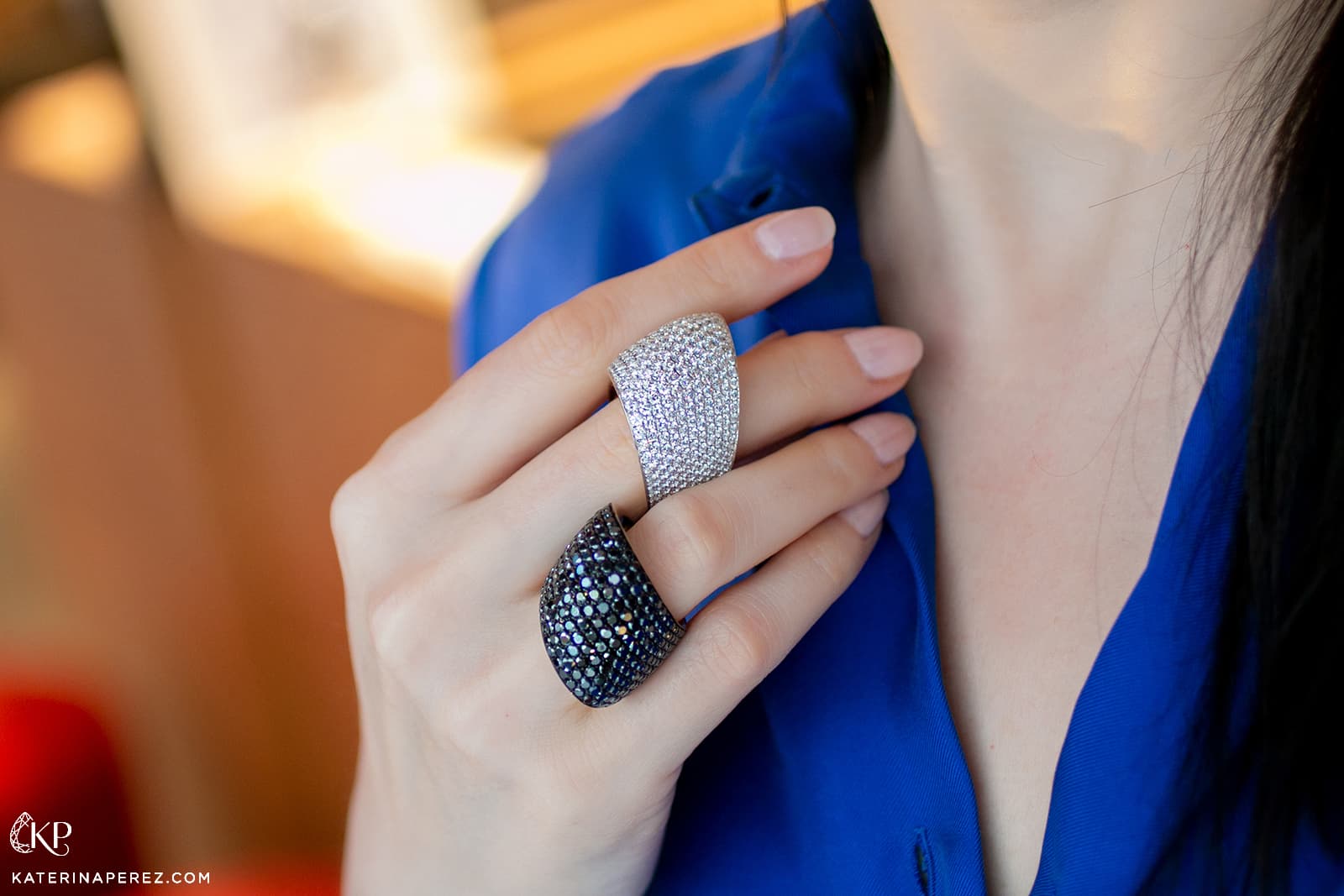 Vhernier Tonneau pavé rings with black and colourless diamonds