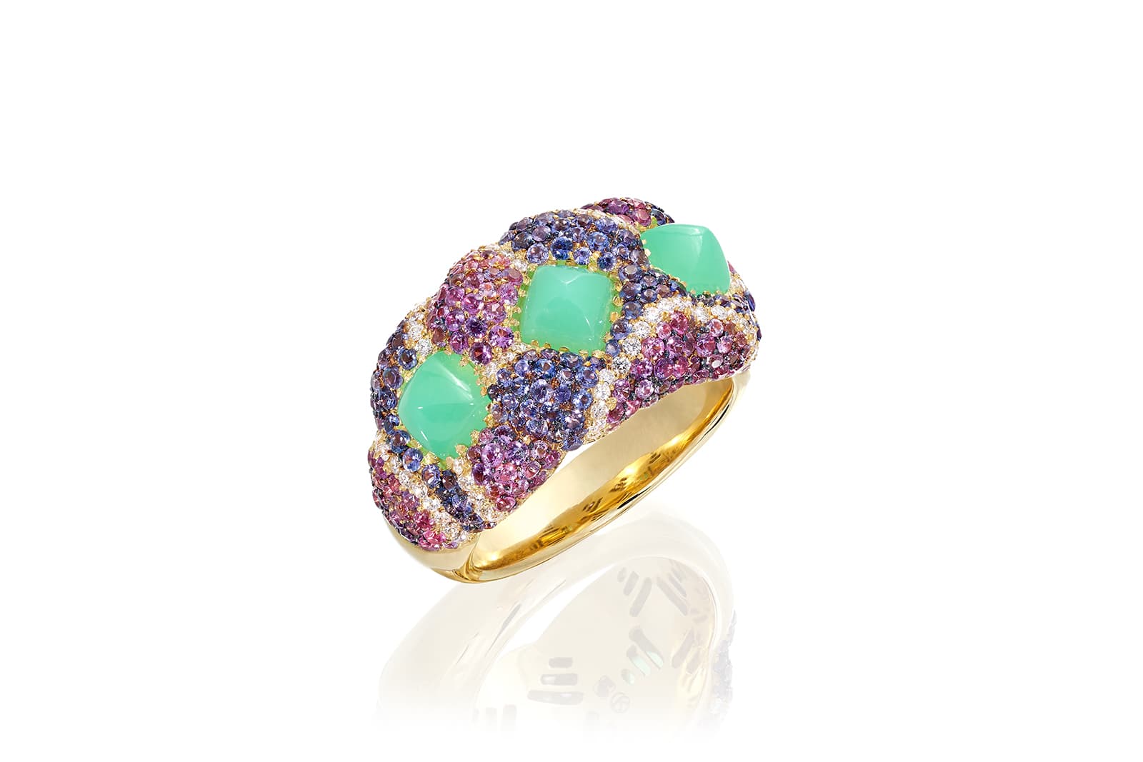 Rosior ring with three sugarloaf cabochon chrysoprases, sapphires and diamonds in a pavé setting