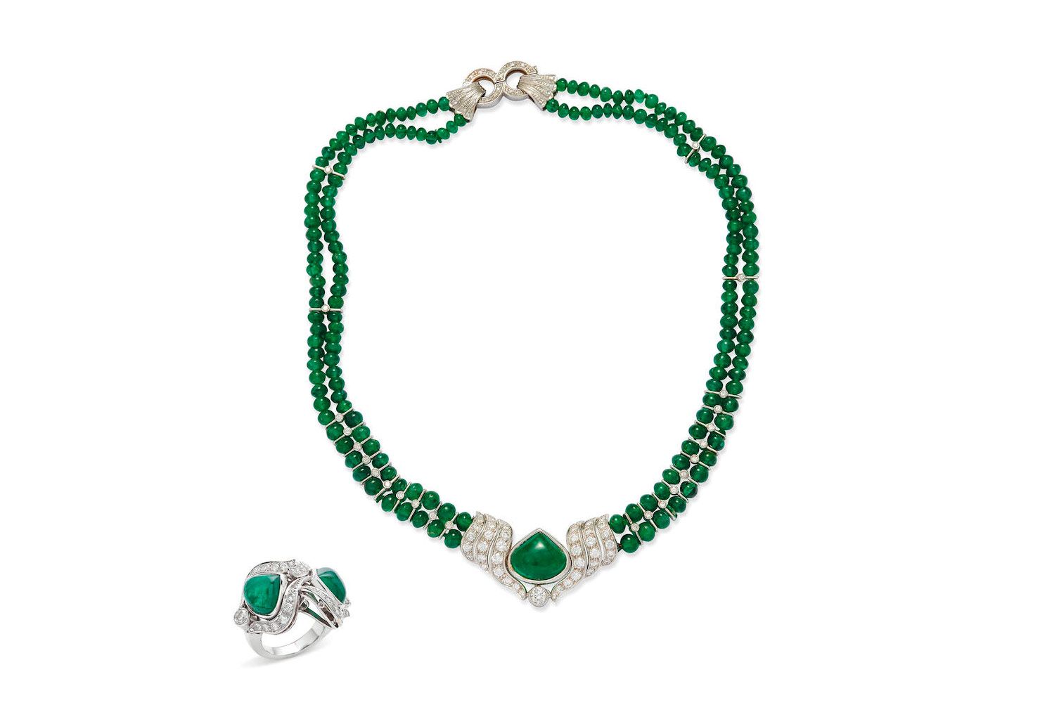 An emerald and diamond demi-parure set with cabochon emeralds, emerald beads and brilliant and single-cut diamonds from the collection of an Italian family, to be sold by Bonhams Paris in November 2021