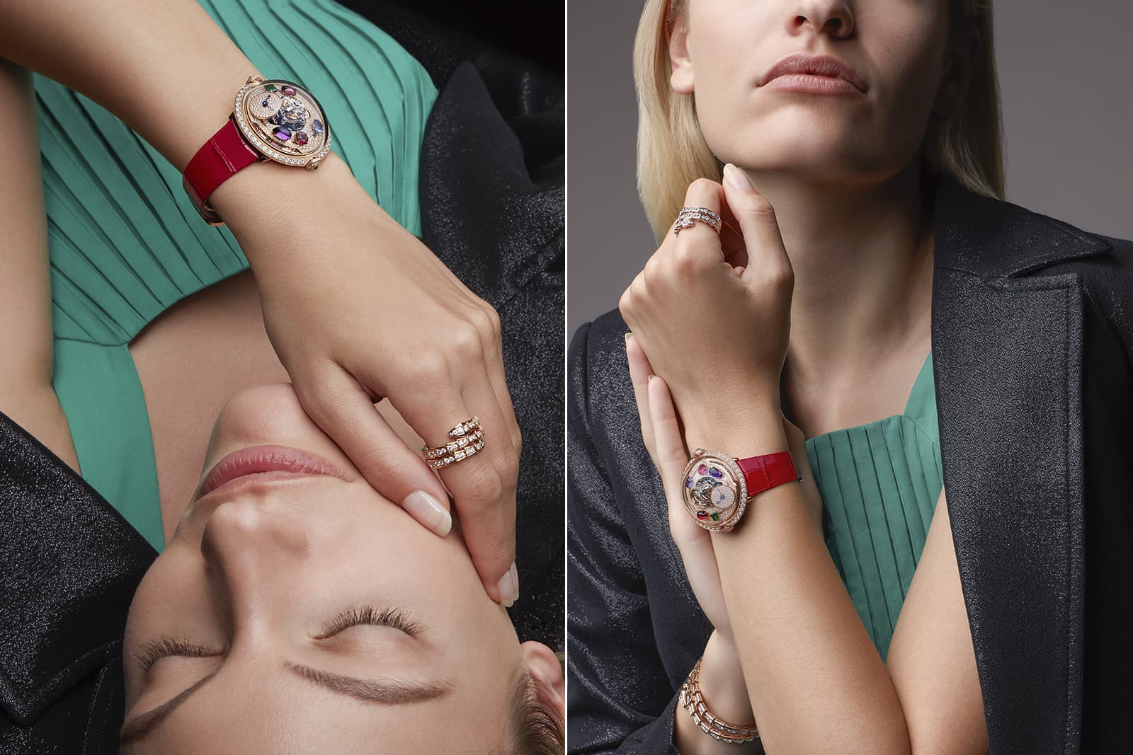 A model wears the 18k rose gold version of the MB&F x Bulgari LM Flying T Allegra watch with diamonds, tsavorites, tourmalines, tanzanite, amethyst and rubellite 