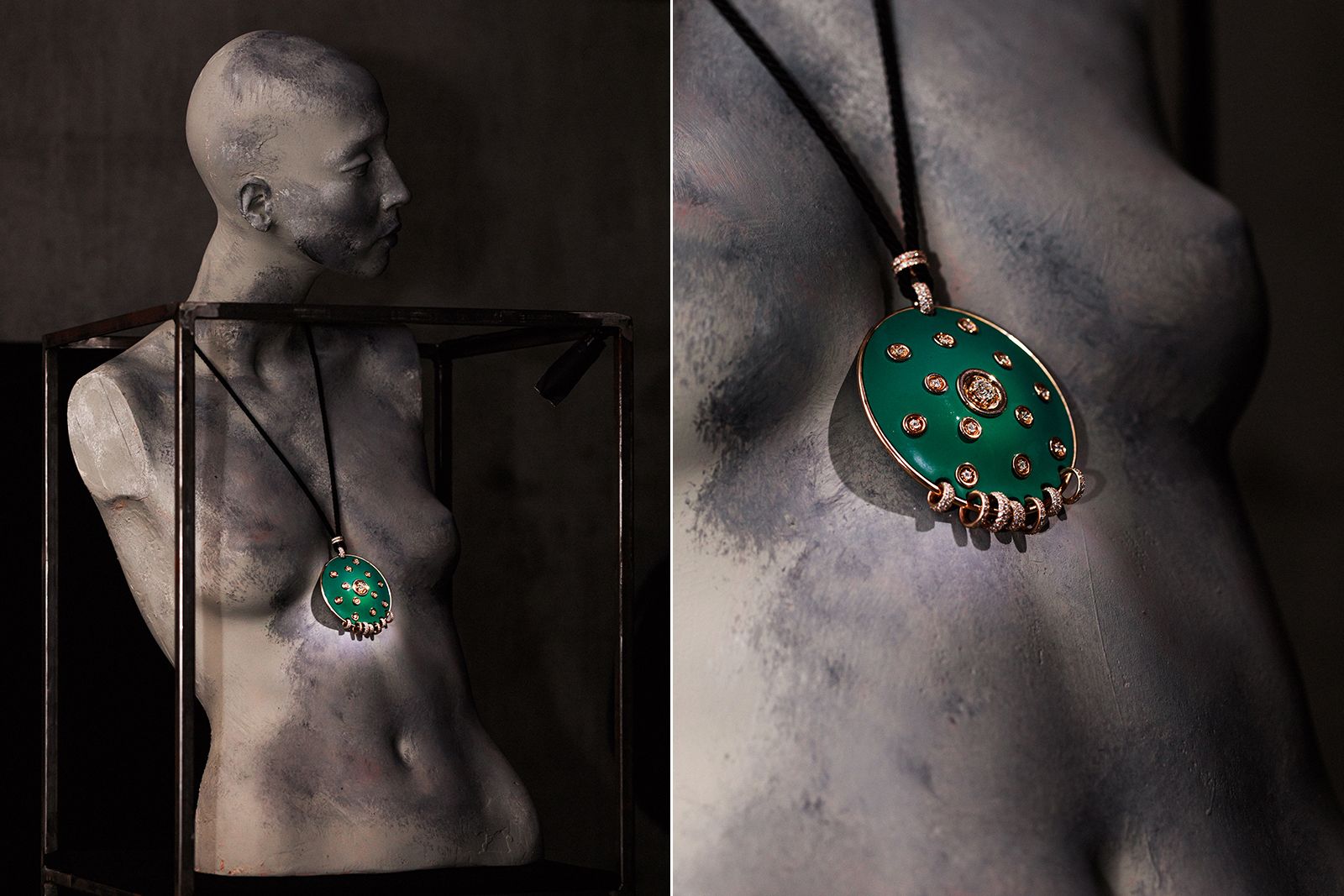 Wilfredo Rosado Tribu pendant in 18k rose gold and green nano-ceramic detail with white diamonds of 6.57 carats