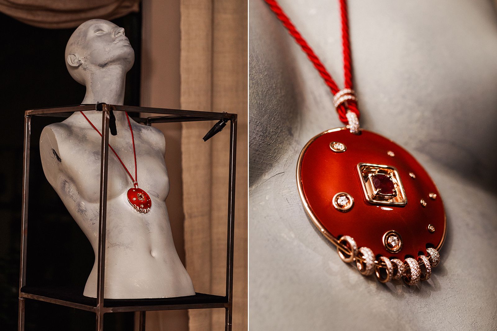 The Wilfredo Rosado Tribu pendant with red nano-ceramic detail, diamonds and a ruby centre stone of 3.58 carats