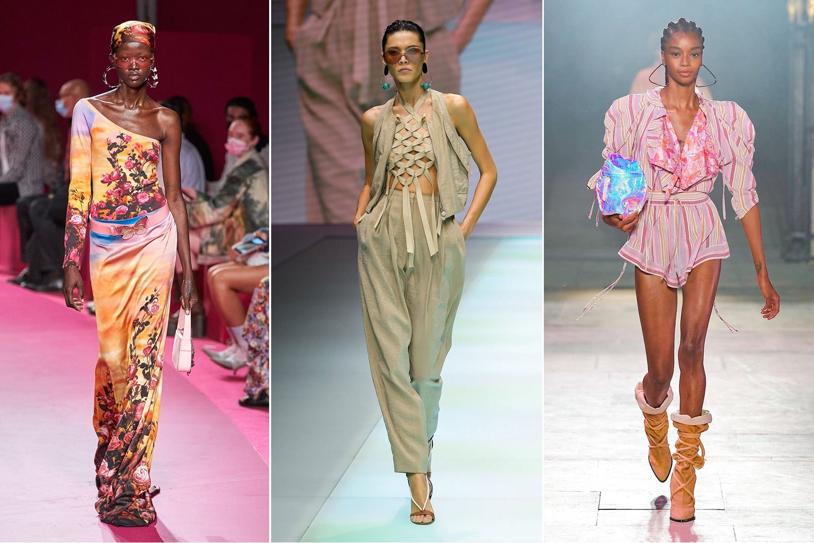 Models walk the runway wearing statement earrings at (from left to right) Blumarine, Emporio Armani and Isabel Marant 