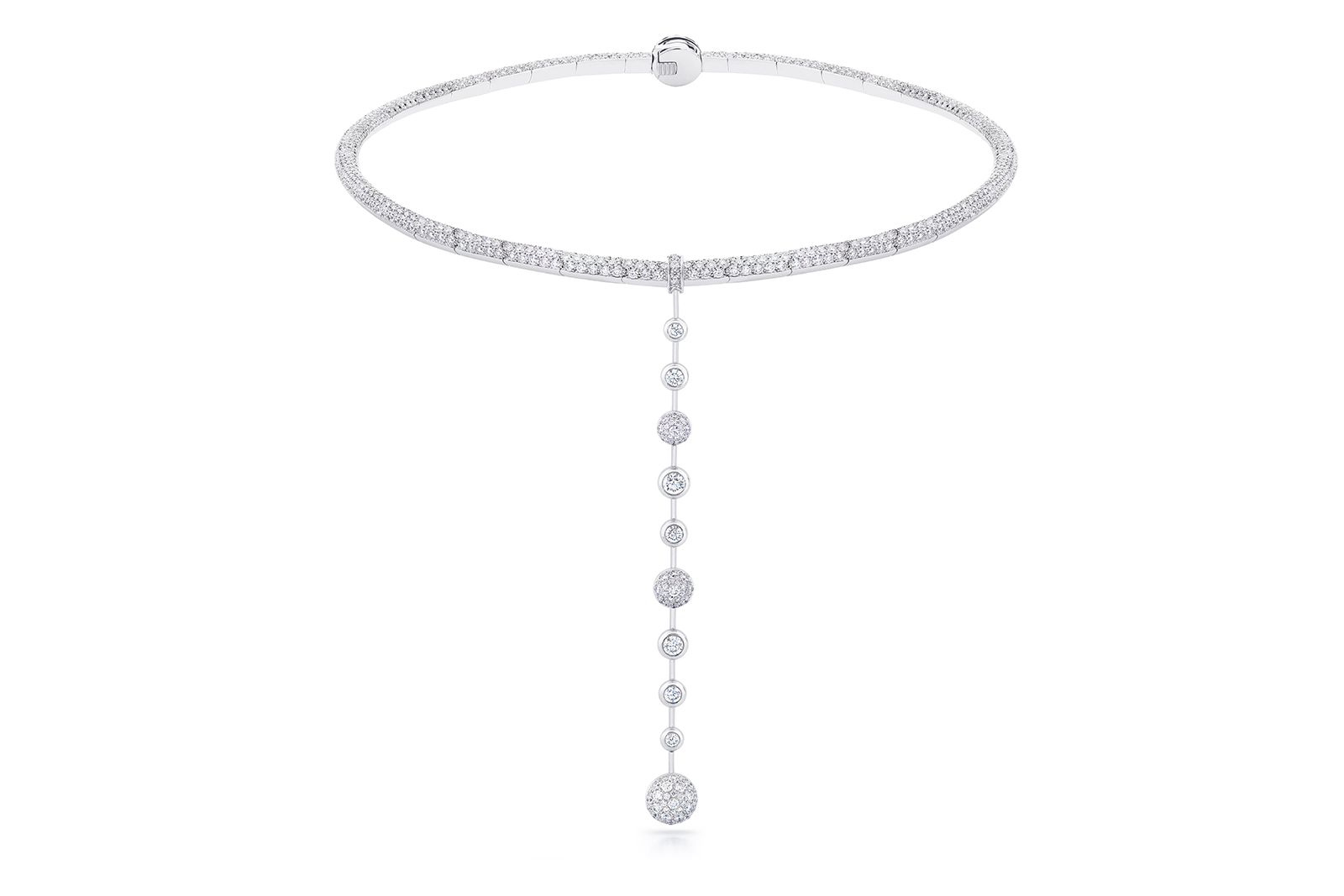 De Beers Jewellers The Alchemist of Light High Jewellery Atomique diamond pavé choker with a line of diamonds that can be removed and attached to a stud earring