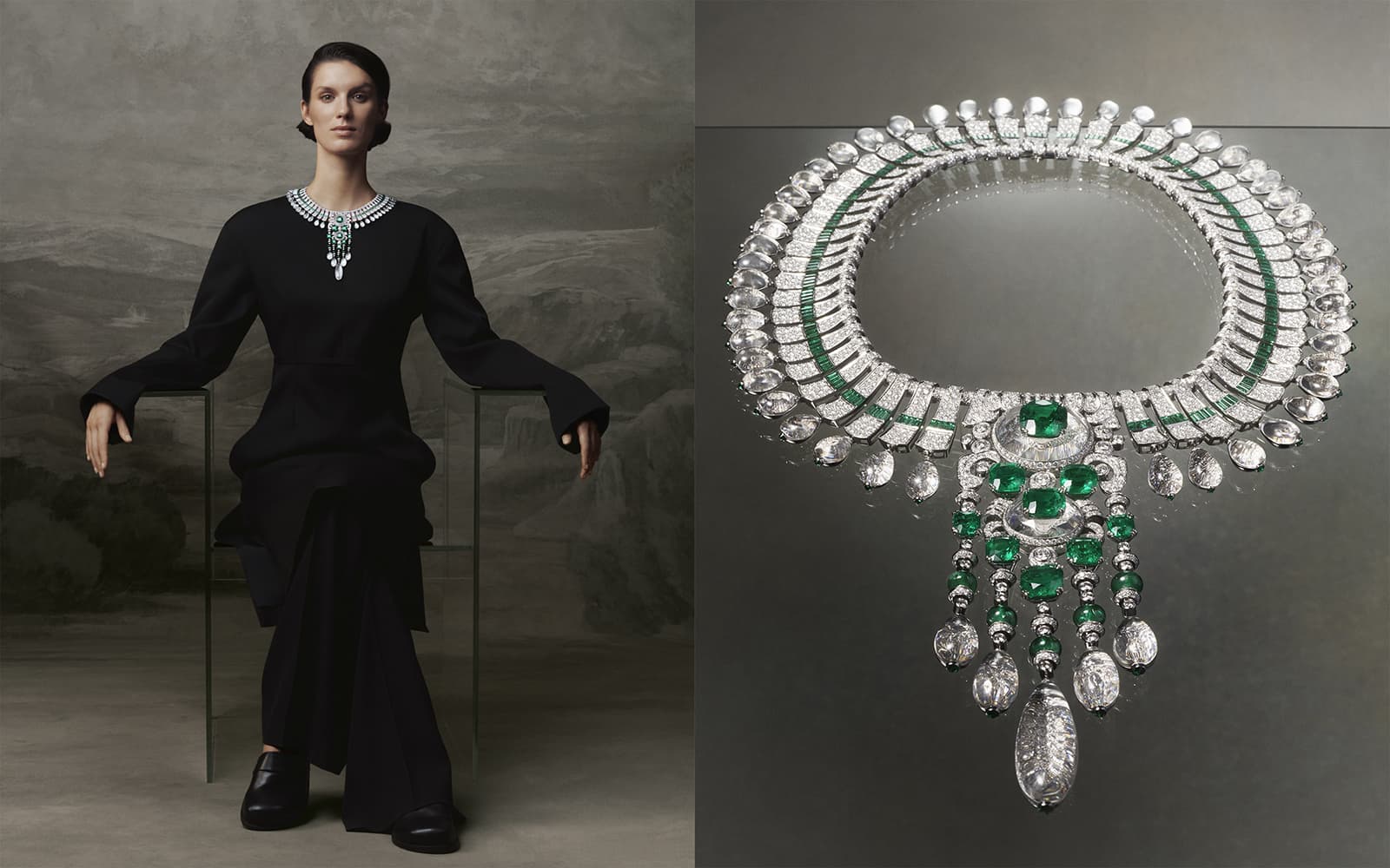 Boucheron New Maharajah Necklace set with nine Colombian cushion-cut emeralds for a total of 38.73 carats, diamonds, rock crystal and emeralds in platinum and white gold from the Histoire de Style New Maharajahs High Jewellery Collection