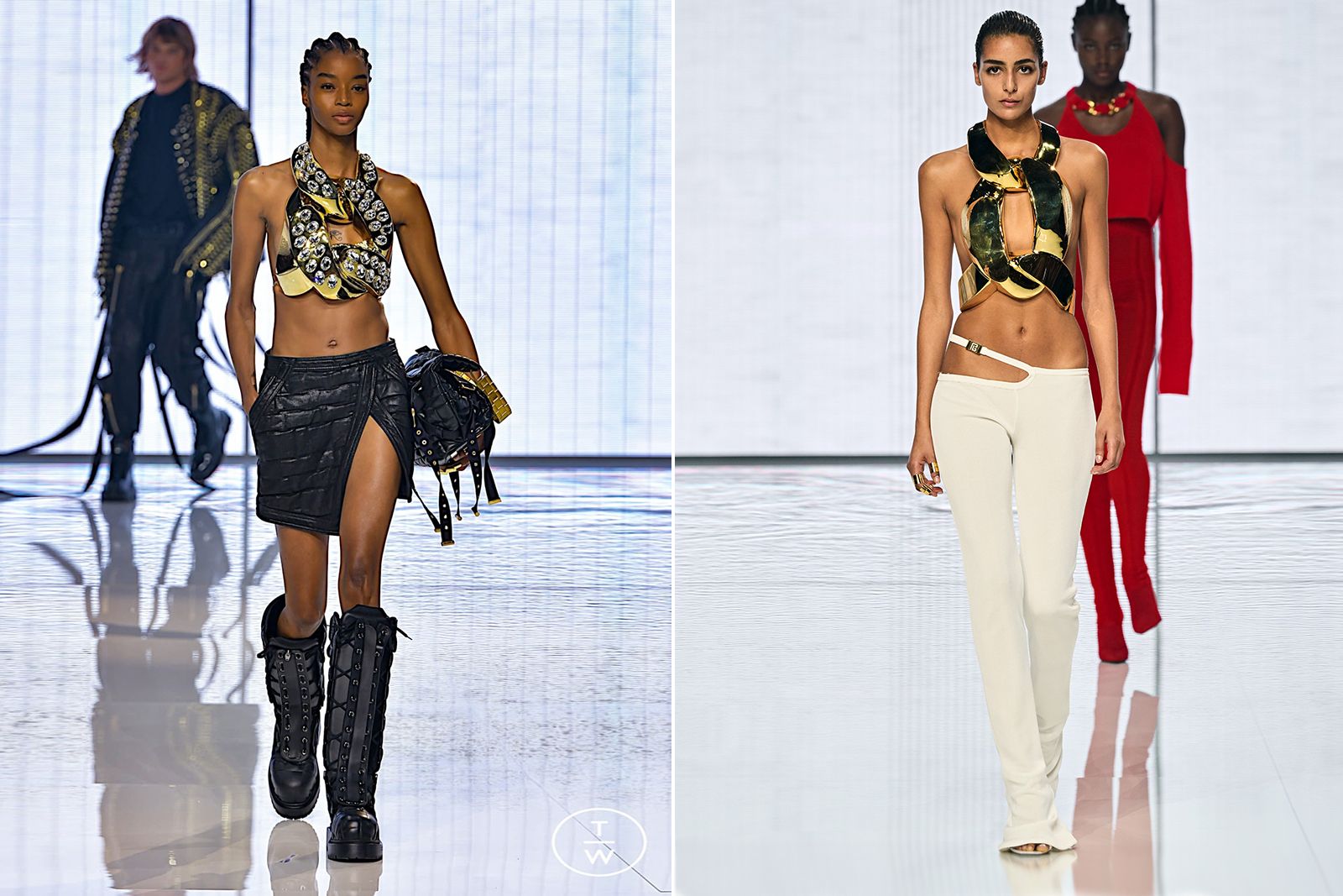 Models wear chain inspired tops on the runway at the Balmain SS22 Ready-to-Wear show