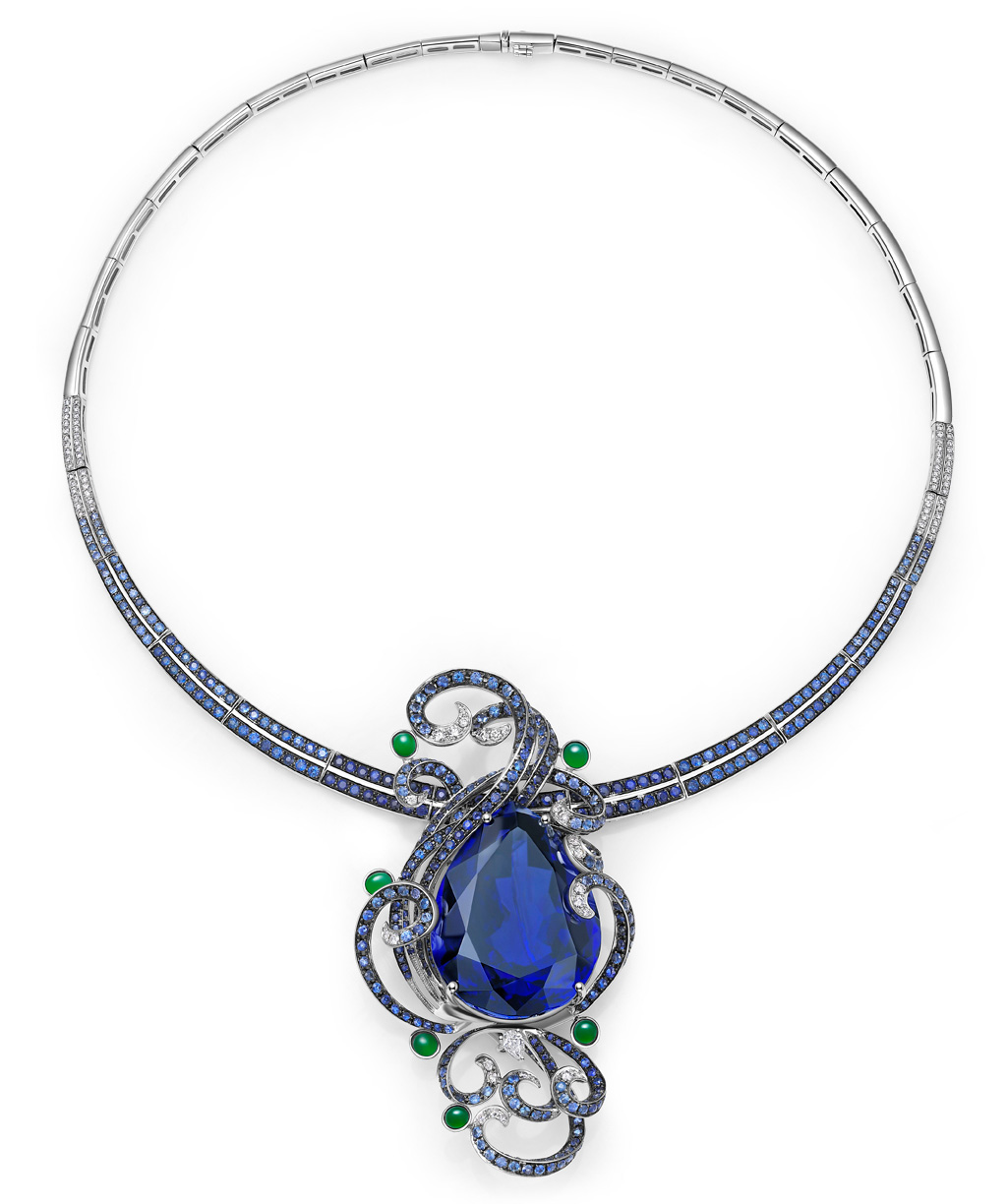 Fei Liu necklace with a 103 carats pear-cut tanzanite, blue sapphires, diamonds and jade