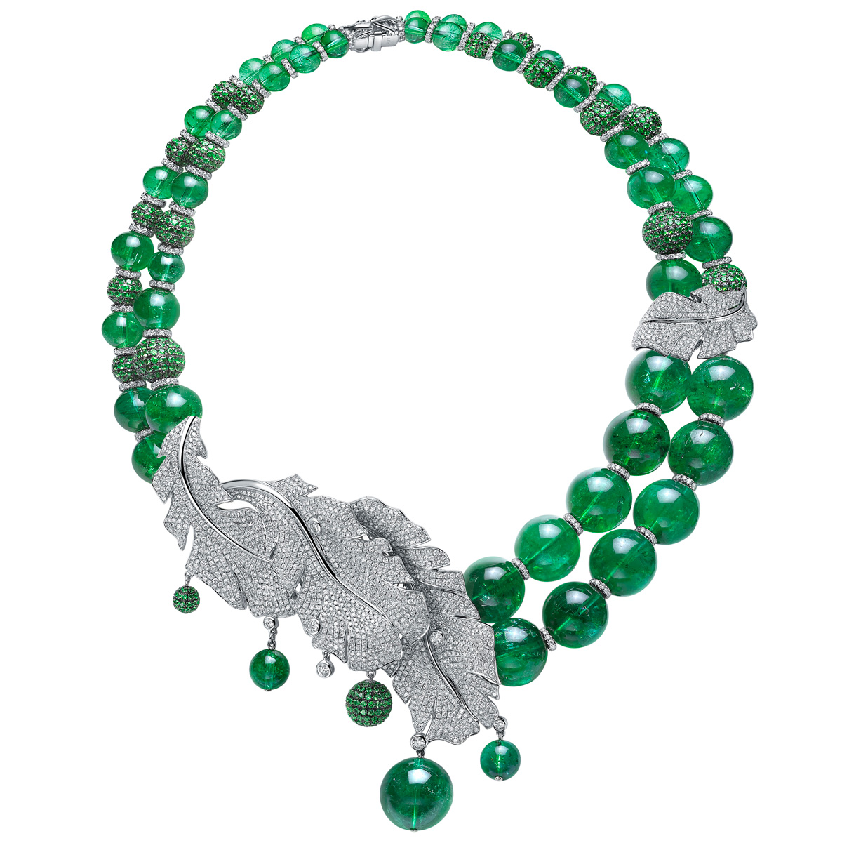Колье Fei Liu “Перо” из впечатляющих бусин зеленого турмалина и бриллиантов