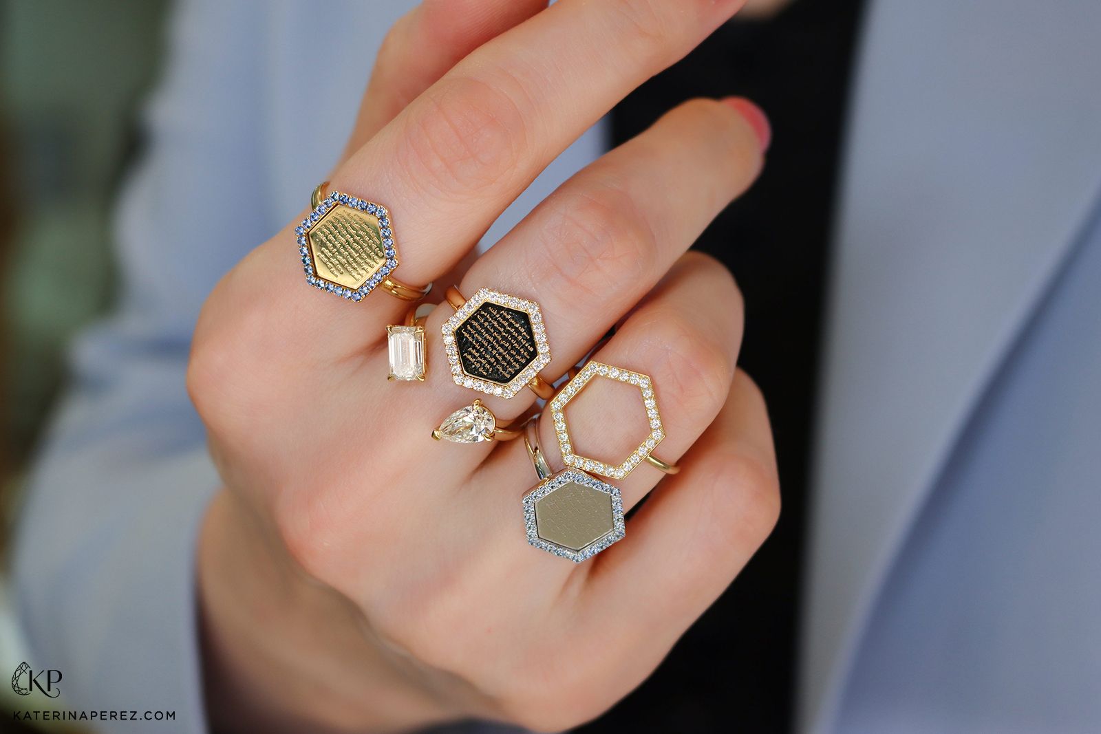 Yataghan diamond and coloured gemstone Hexagon and Ayat Al Kursi rings