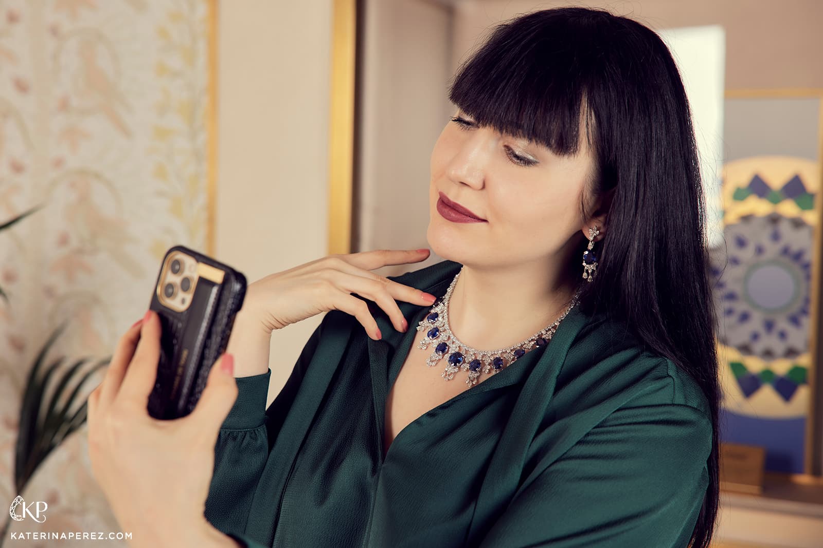 Katerina Perez photographs an sapphire and diamond necklace with matching earrings by Bayt Damas