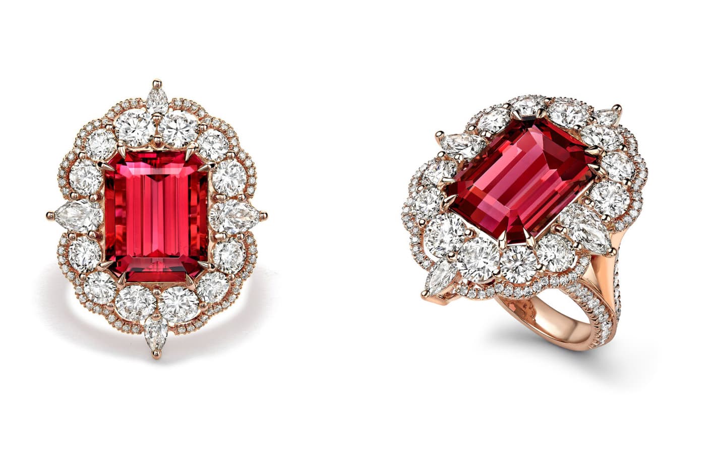 Atelier Pino Spitaleri Royal Lilypad ring set with a 15 carat deep pink natural tourmaline and diamonds in 18k rose gold 