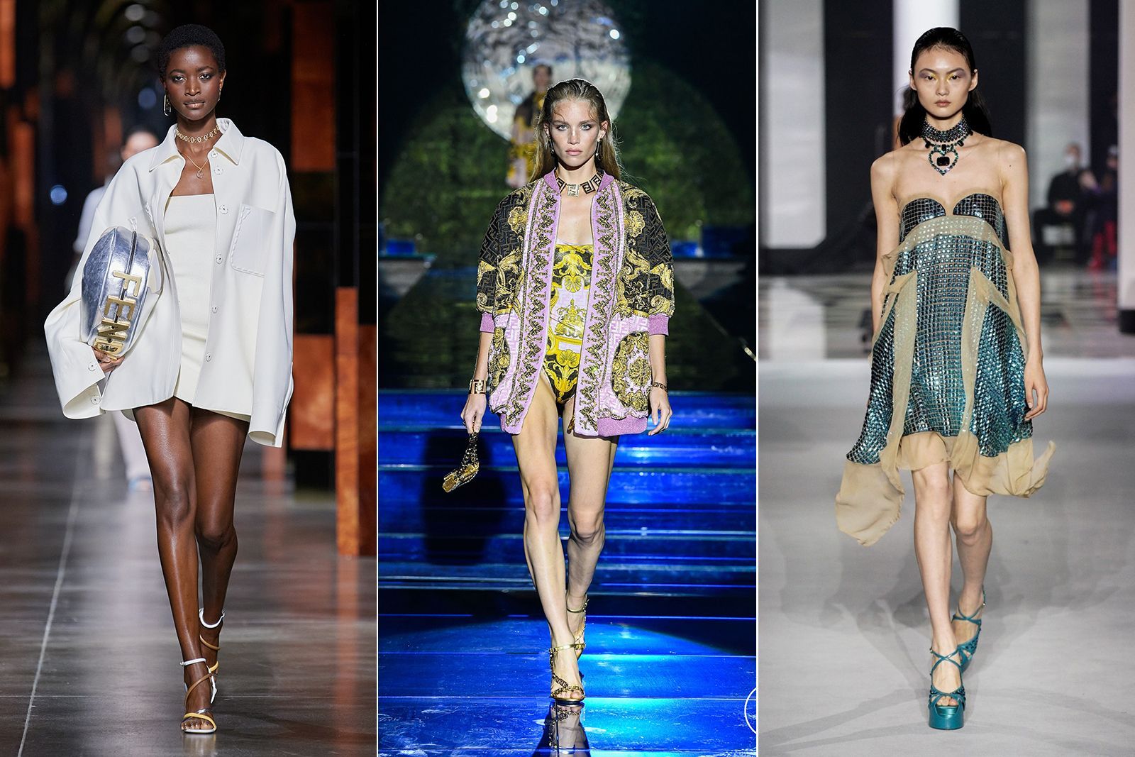 Examples of chokers worn on the catwalks for SS22, including (from L-R) Fendi, Versace by Fendi and Lanvin