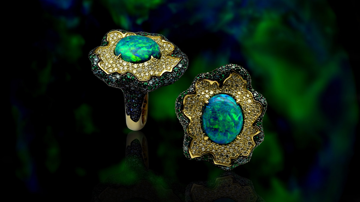 Stanislav Drokin ring with an Australian opal, diamonds, emeralds and sapphires