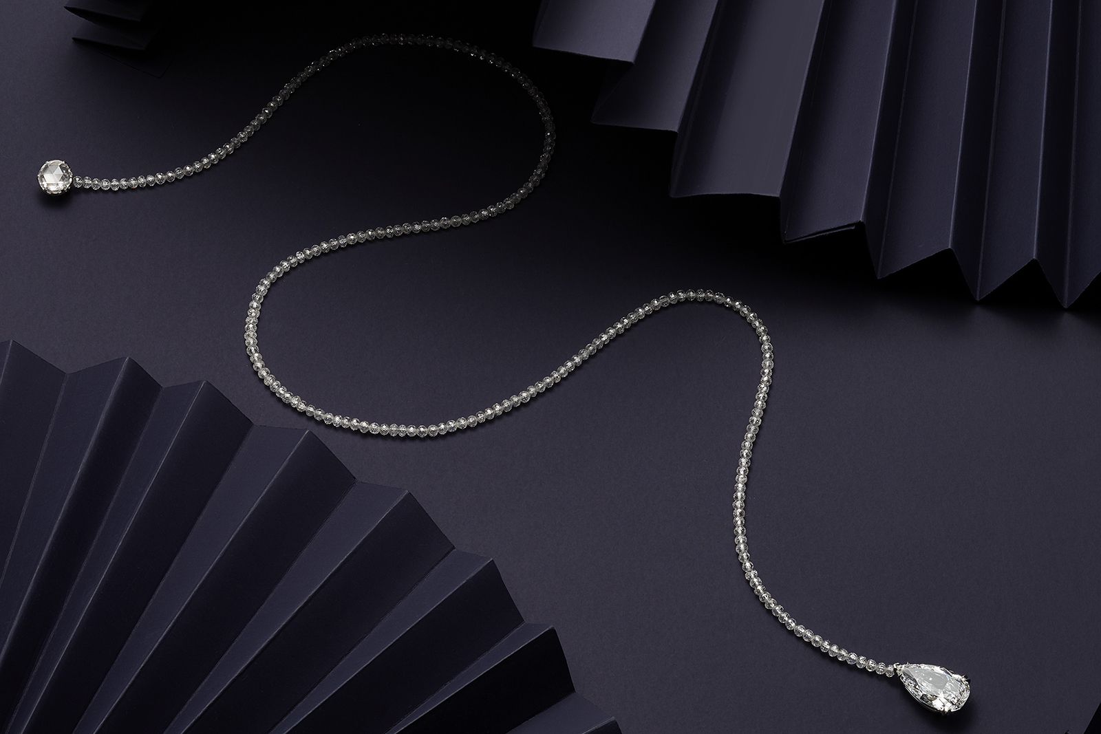 Bonhams’ London Jewels sale in April 2022 contains this diamond lavallière necklace (Lot number 235, estimate £120,000 - £180,000) with a single strand of diamond rondelles, totalling 24.14 carats, terminating in a 5.09 carat pear-shaped diamond drop