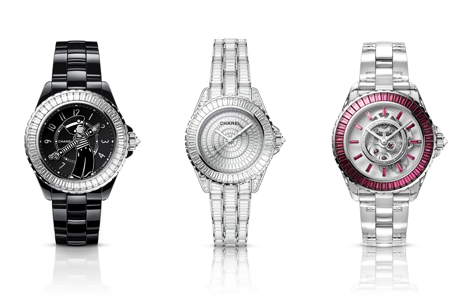 Chanel J12 timepieces, including (from left to right) the Mademoiselle J12 XS, the J12 Baguette Diamond Star and the J12 Xray Red Edition