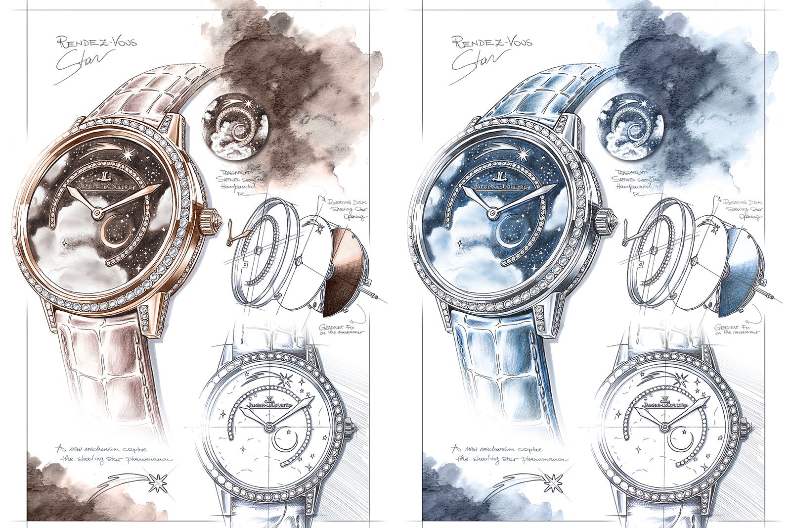 The two variations of the Jaeger-LeCoultre Rendez-Vous Star watch with a hand-painted moon, stars and night sky
