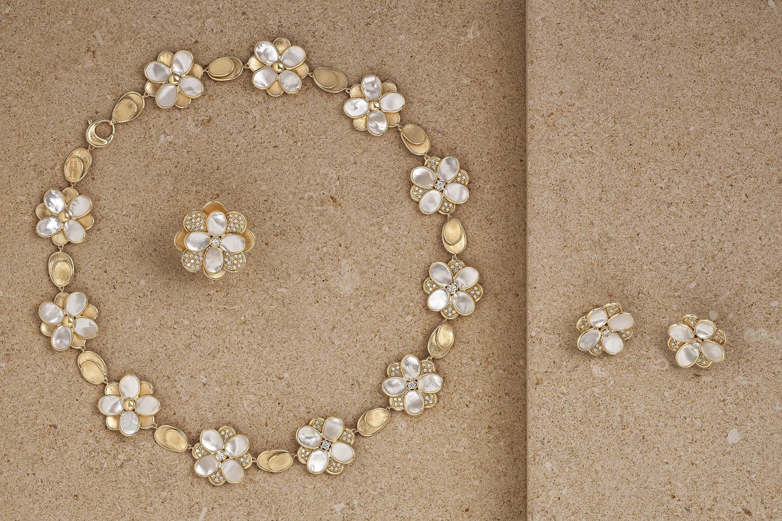 Marco Bicego Petali set with mother of pearl and diamonds in 18k yellow gold from the ALTA High Jewellery collection