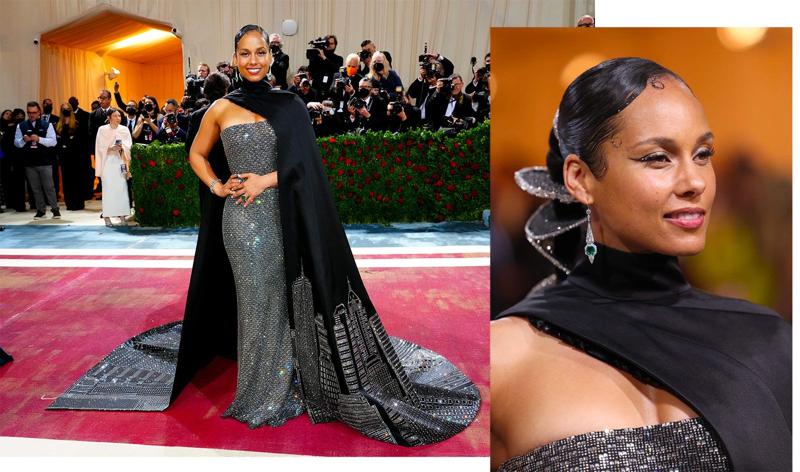 Alicia Keys wearing Tiffany & Co. Art Deco emerald and diamond earrings to the Met Gala 2022