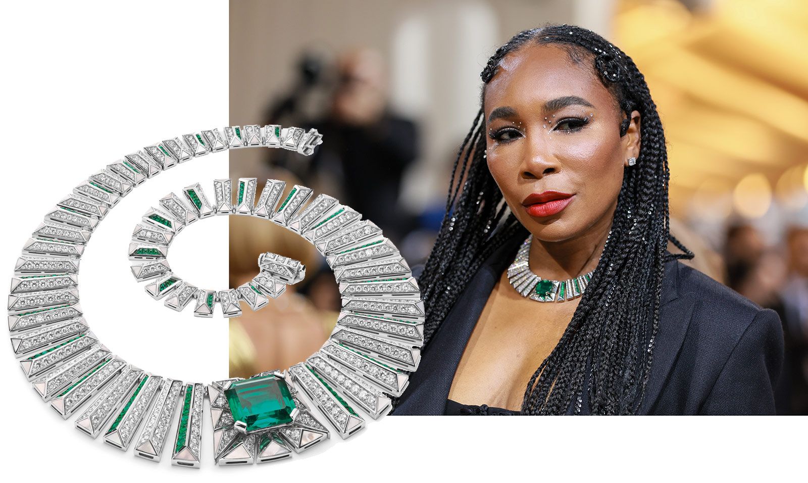 Venus Williams in a Bulgari High Jewellery necklace with over 34 carats of emeralds at the Met Gala 2022