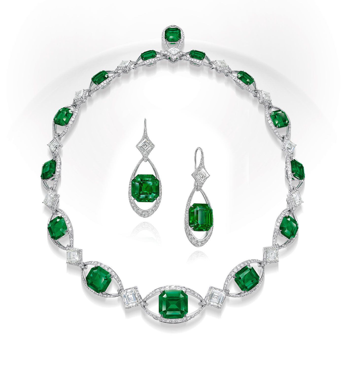 Emerald and Diamond Necklace, Earring and Ring Set - Jahan Jewellery